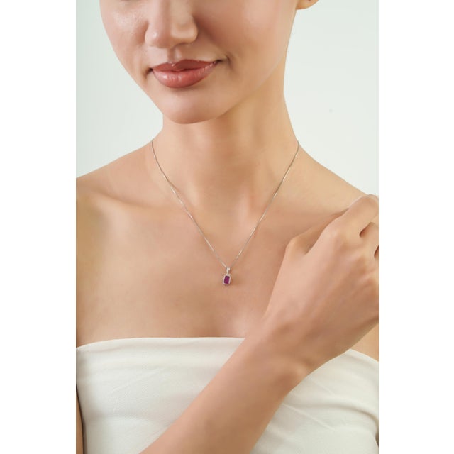 Ruby Red Minimalist Cushion Cut Natural Red Ruby Bezel Set Solitaire Pendant in Sterling Silver For Sale - Image 8 of 12