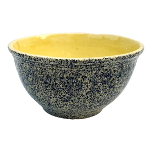 Antique Yellow Spongeware Mixing Bowl – Specked Blue Exterior, Classic Folk Art Stoneware / Yellowware