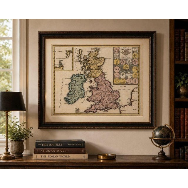 Britain and Ireland Map with Roman and British Coins, Weigel, 1718 For Sale - Image 10 of 11