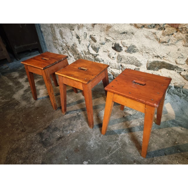 Vintage French Wooden Stools, 1950s, Set of 3 For Sale - Image 13 of 15