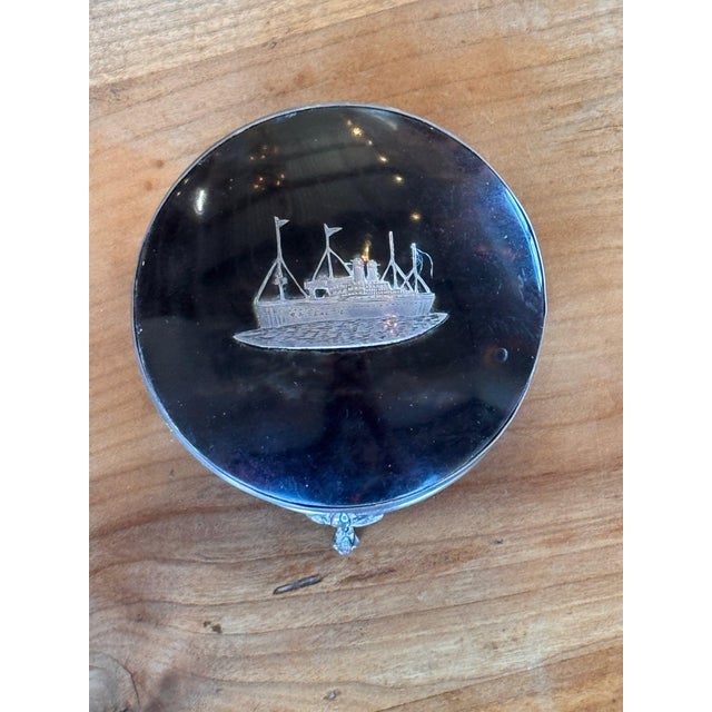 Traditional Round Metal Box With Inlaid Steamship Lid on Three Feet For Sale - Image 3 of 7
