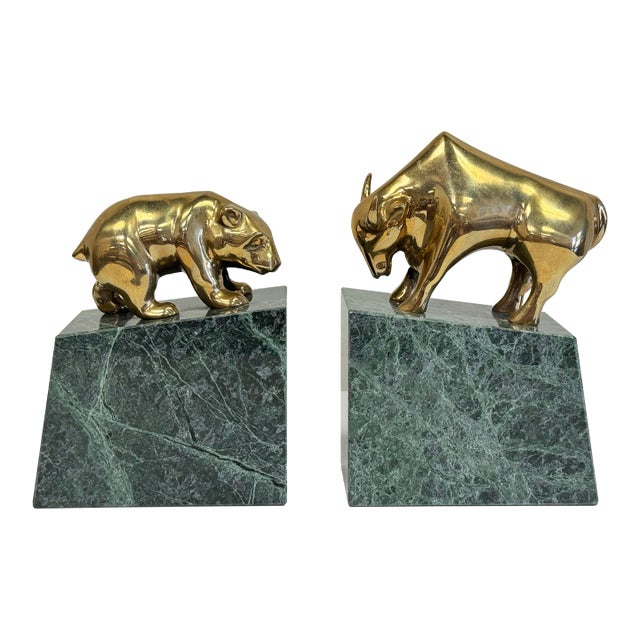 Vintage Wall Street Bull and Bear Brass on Marble Block Bookends For Sale
