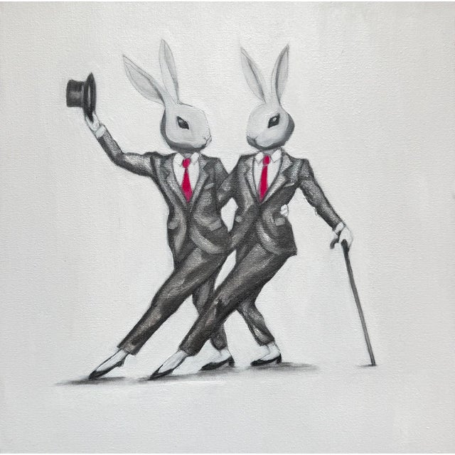 Contemporary Whimsical Original Oil Painting of Two Dancing Bunnies by Max and Alma For Sale - Image 3 of 4