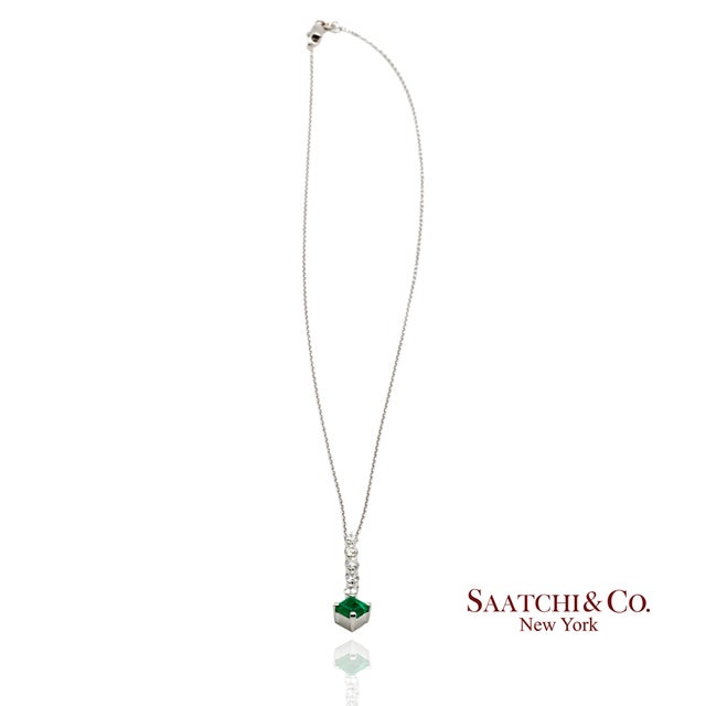 Gia Certified Platinum 900 Natural Diamond and Colombian Emerald Pendant For Sale - Image 4 of 13
