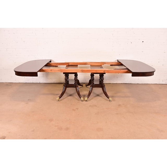 Wood Baker Furniture Style Georgian Mahogany Double Pedestal Extension Dining Table, Newly Refinished For Sale - Image 7 of 15