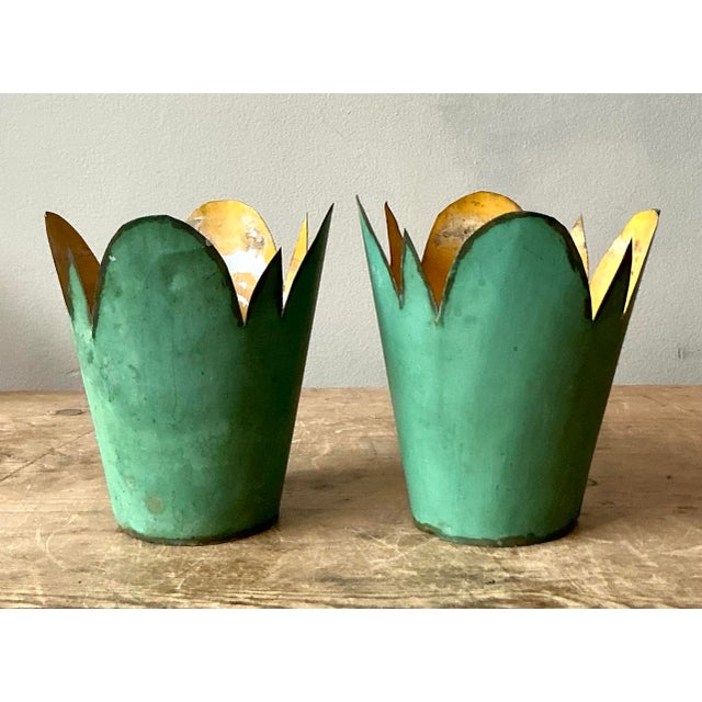 Metal Vintage Boho Original Tole Cache Pots - A Pair For Sale - Image 7 of 10