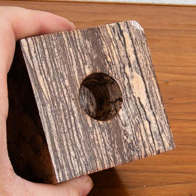 20th Mid Century Modern Art Cubed Marble Candleholders Veins Pair of Two For Sale In Sacramento - Image 6 of 12