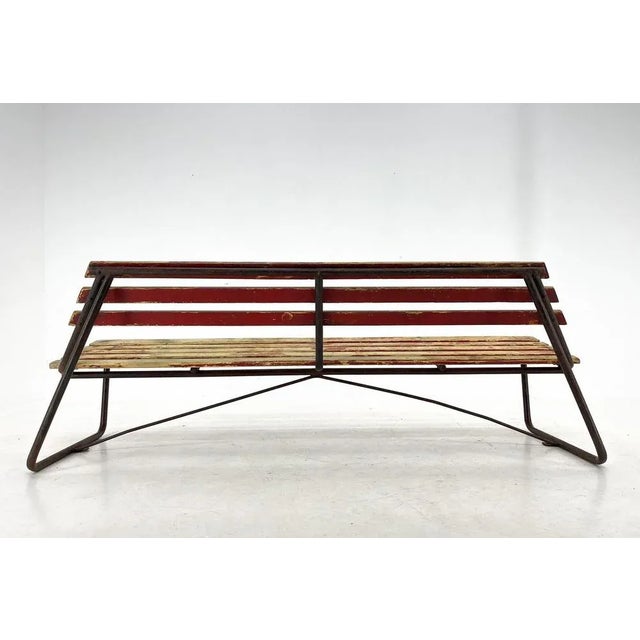 Red Vintage Industrial Slatted Bench with Original Patina, 1950s For Sale - Image 8 of 10