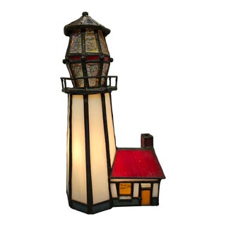 Vintage Stained Glass Lighthouse Lamp For Sale