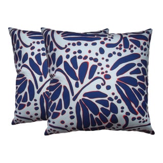 Wings Butterfly Pillows – Navy & Red, Hand-Printed Performance Fabric- Set of 2 For Sale