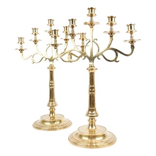 Tall 5-Armed Church Candlesticks in Brass, 1920s, Set of 2 For Sale