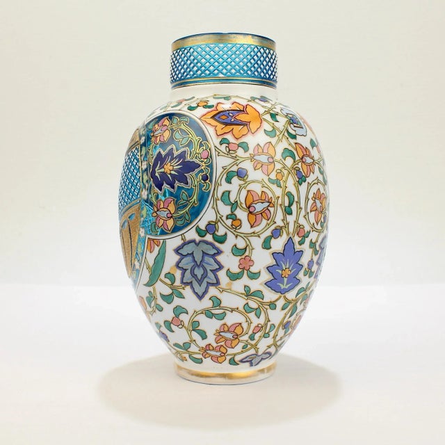 Victorian Antique Bohemian Aesthetic Movement Cased Blue & White Enameled Cut Glass Vase For Sale - Image 3 of 9