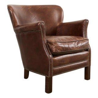 French Art Deco Style Cigar Leather Wing Back Club Chair For Sale