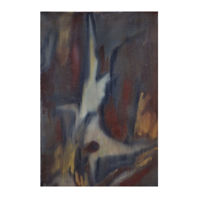 Mid century oil on canvas abstract in brown and rust tones by S. Palmer (American, 20th Century) circa 1960. Signed lower...