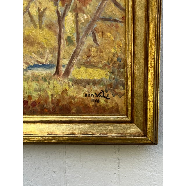 Charming oil on board of a fall scene with autumnal foliage and a small hidden cabin. Signed by an unknown but obviously...