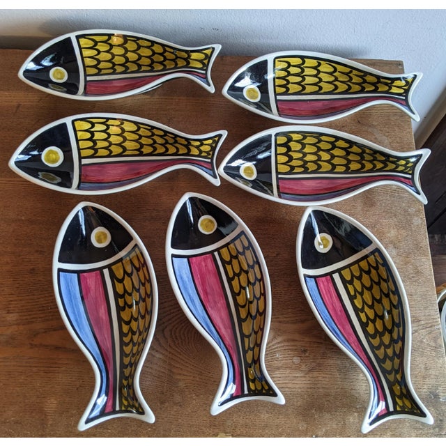 Vintage Color Blocked Swiss Ceramic Fish Snack Plates or Wall Art - Set of 7, Made in Switzerland For Sale - Image 12 of 12