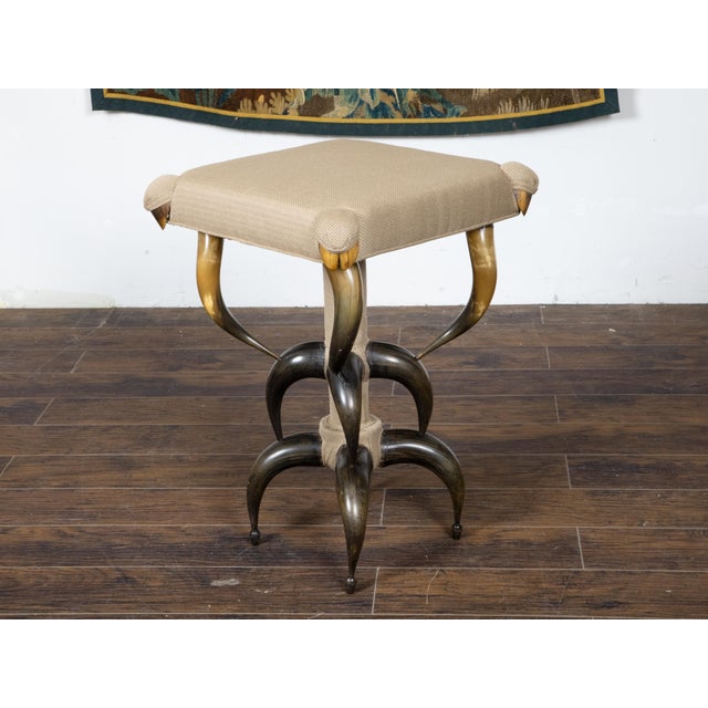 1880s American Horn Stool with Three-Tier Construction and Custom Upholstery For Sale - Image 9 of 11