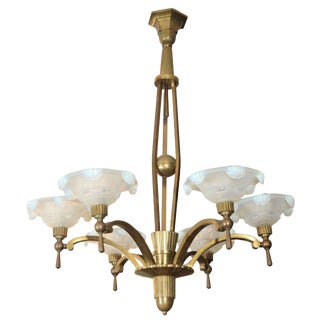 Vintage Petitot Brass Chandelier With Waterfall Opaline Shades For Sale