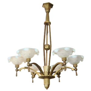 Vintage Petitot Brass Chandelier With Waterfall Opaline Shades