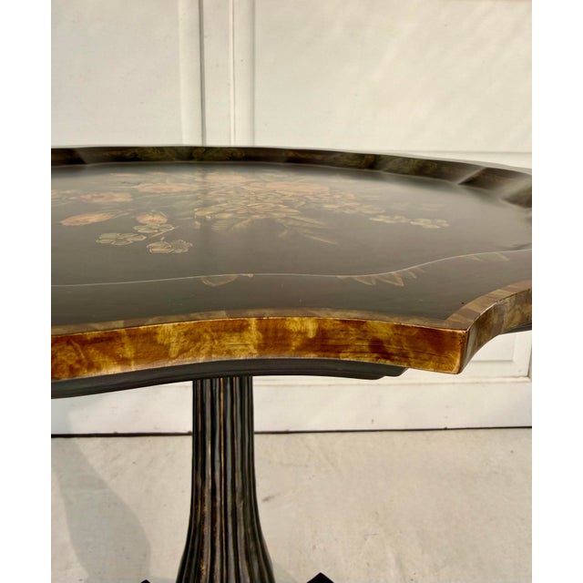 Late 20th Century Maitland-Smith Hand-Painted Floral Ebonized Pedestal Accent Table For Sale - Image 5 of 16