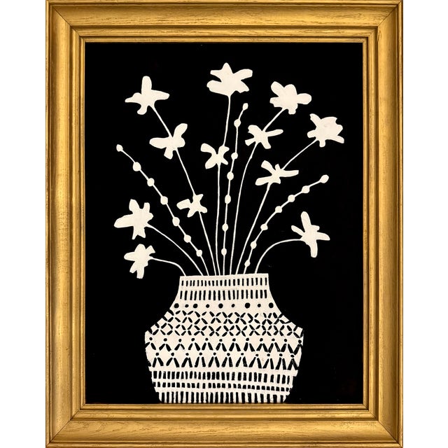 Original Contemporary Black and White Framed Floral Painting For Sale