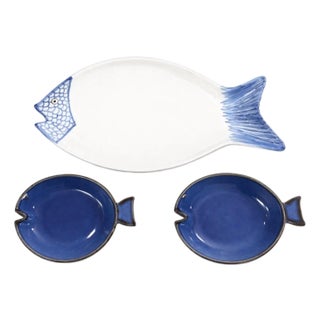 Vintage Italian Ceramic Fish Shaped Serving Plater & Bowls - Set of 3 For Sale