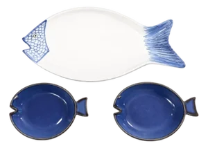 Vintage Italian Ceramic Fish Shaped Serving Plater & Bowls - Set of 3