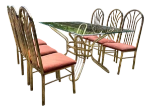 Italian Brass Dining Table and Chairs, 1970s, Set of 7