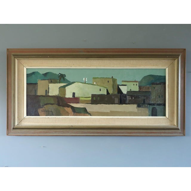 SUNLIT VILLAGE Size: 15 x 30.7 inches (including frame) Oil on Canvas A tranquil mid-century townscape that captures a...