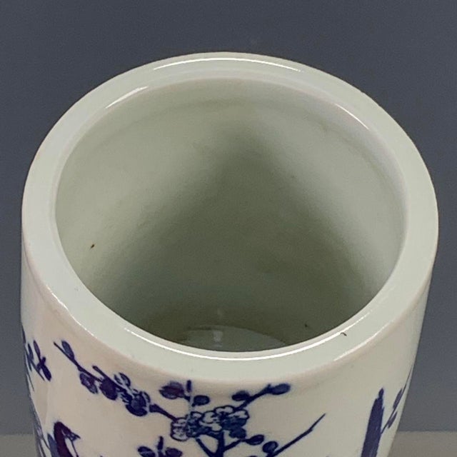 White Vintage Blue & White Porcelain Brush Pot – Bird & Plum Blossom Motif, Dated 1966 For Sale - Image 8 of 9