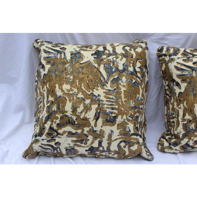 Contemporary Printed Linen Navy Blue and Bronze Down Pillows - a Pair For Sale - Image 4 of 12
