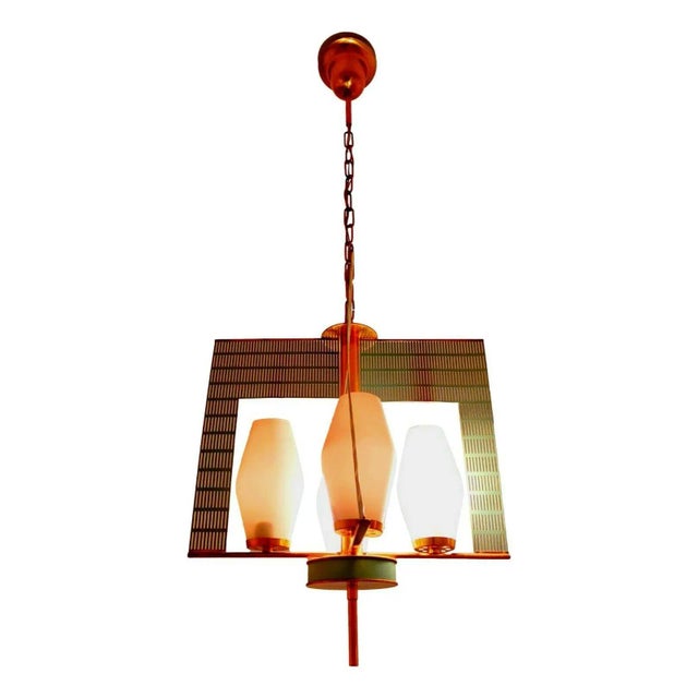 Rare original chandelier from the 60s, design mathieu mategot, made of perforated sage green sheet metal on brass...