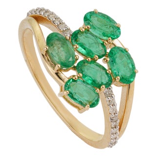 14k Gold Certified Natural Zambian Emerald Diamond Cluster Ring Size 5.5 For Sale