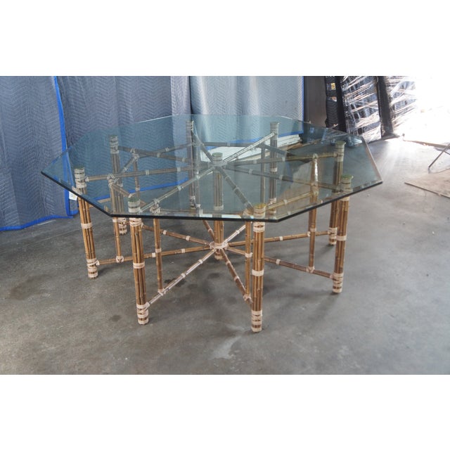 1970s Attributed to McGuire Mid Century Bohemian Modern Octagonal Bamboo Glass Dining Table 74" For Sale - Image 16 of 18