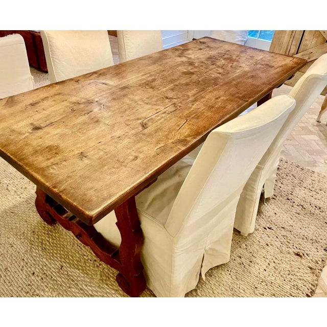 Early 20th Century Antique Italian Trestle Table in Walnut With Iron Stretcher For Sale - Image 5 of 5