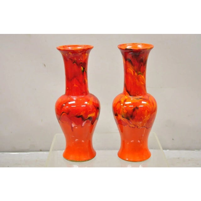 Pair of Vintage Red Lava Drip Glazed Mid Century Modern Ceramic Pottery Vessel Vase For Sale - Image 11 of 11