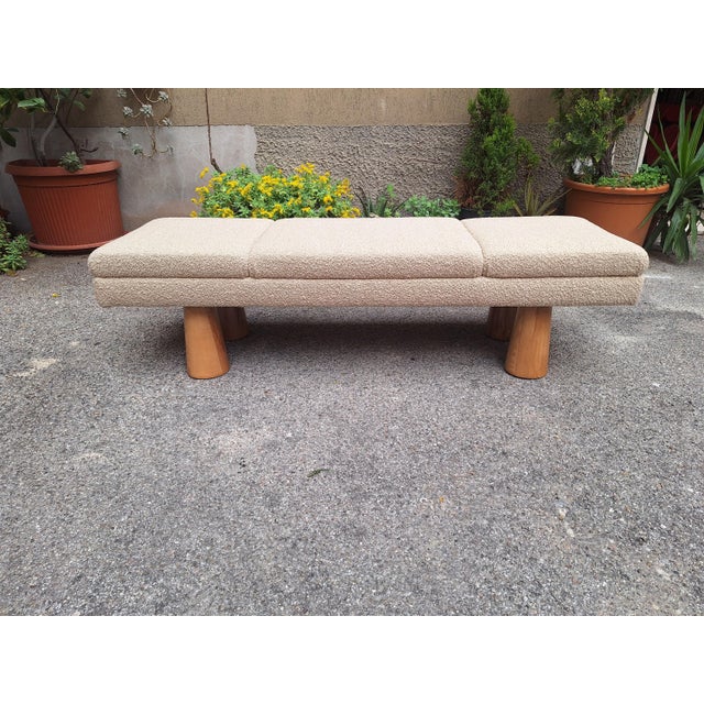 Wood Bench with White Teddy Bear Bouclé Fabric and Conical Wooden Legs, 1990s For Sale - Image 7 of 11