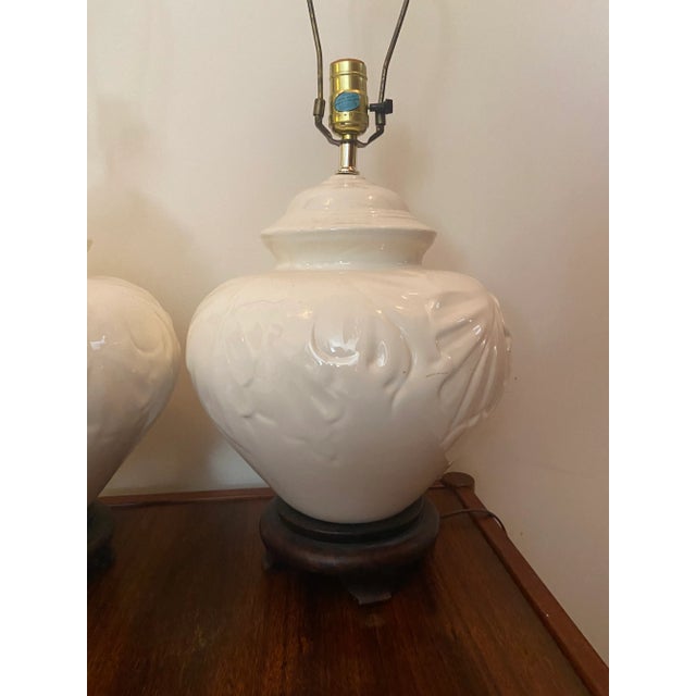 White Vintage White Ceramic Leaf Pattern Table Lamps - a Pair For Sale - Image 8 of 10