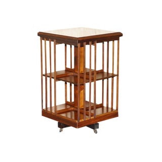 Sheraton Revival Flamed Hardwood Walnut & Satinwood Revolving Bookcase Table For Sale