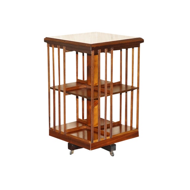 Sheraton Revival Flamed Hardwood Walnut & Satinwood Revolving Bookcase Table For Sale