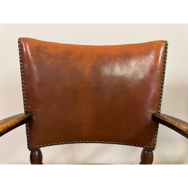 Oak Armchairs with Rush and Leather Seats, 1940s, Set of 3 For Sale - Image 10 of 16