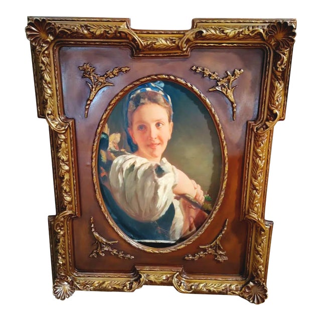 Classical Portrait Wall Art of a Young Girl – Ornate Carved Wood Frame With Gold Leaf Details For Sale