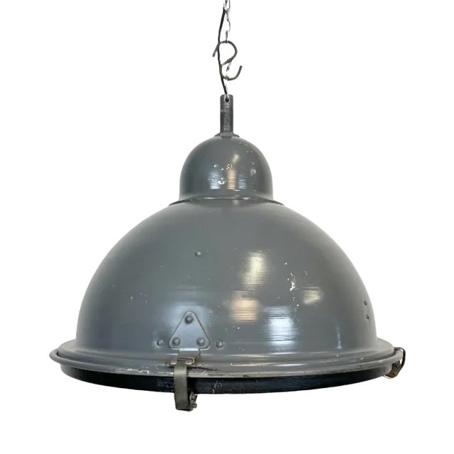 Industrial Grey Pendant Lamp with Clear Glass Cover, 1970s For Sale