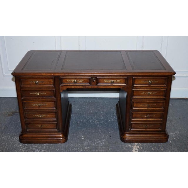 Vintage Hekman Usa Twin Pedestal Desk with Brown Leather Top Brass Handles For Sale - Image 4 of 18