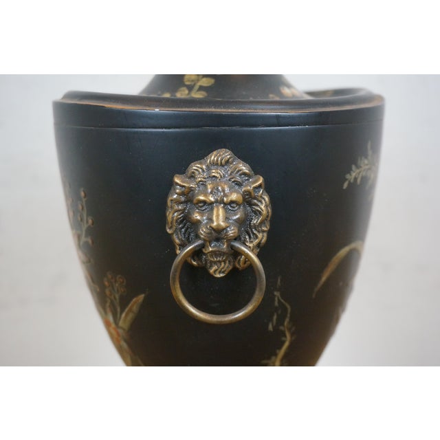 Black Vintage Black Toleware Floral Lions Head Chestnut Trophy Mantel Urn For Sale - Image 8 of 12