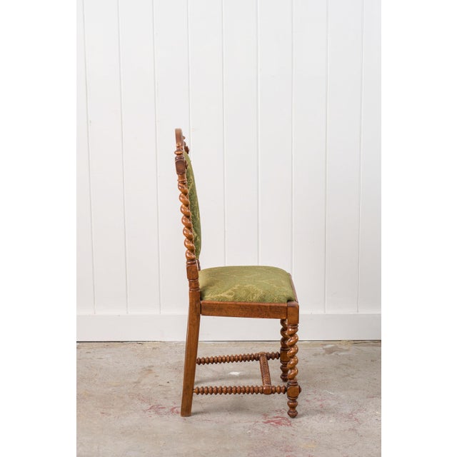 Late 19th Century Victorian Walnut Barley Twist Chair With Green Damask Upholstery For Sale - Image 4 of 10