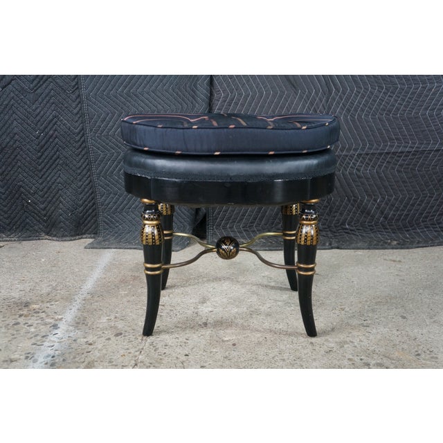 Mid Century Regency Style Ebonized Gold Painted Upholstered Stool Pouf Bench For Sale - Image 11 of 18