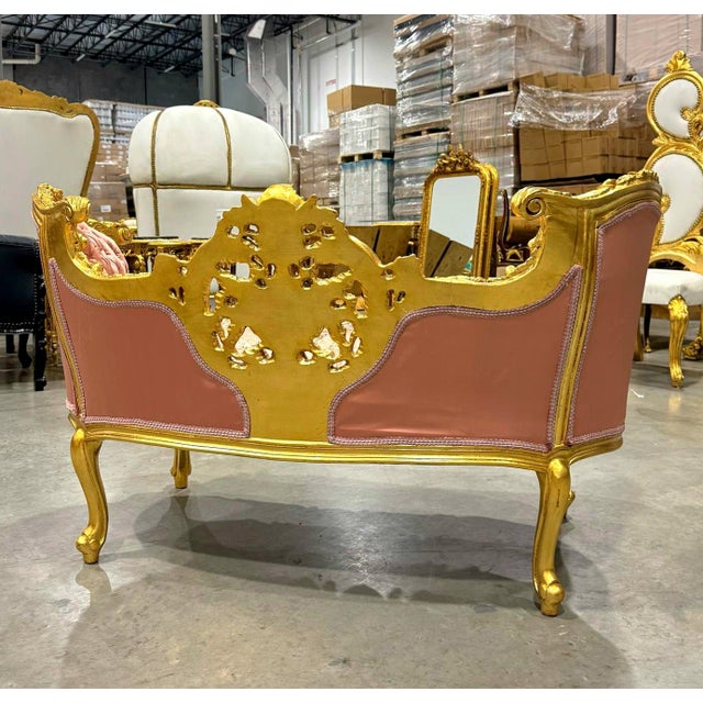 Textile Pink Small Settee Tufted French Style Gold Leaf Details For Sale - Image 7 of 7
