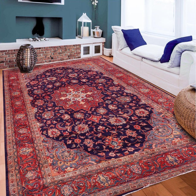 Navy Blue Vintage Hand-Knotted Wool Runner Rug – 6.4 X 12.1 Navy Blue Red For Sale - Image 8 of 8