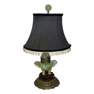 Chinese Carved Stone Foo Dog Lamp With Shade For Sale